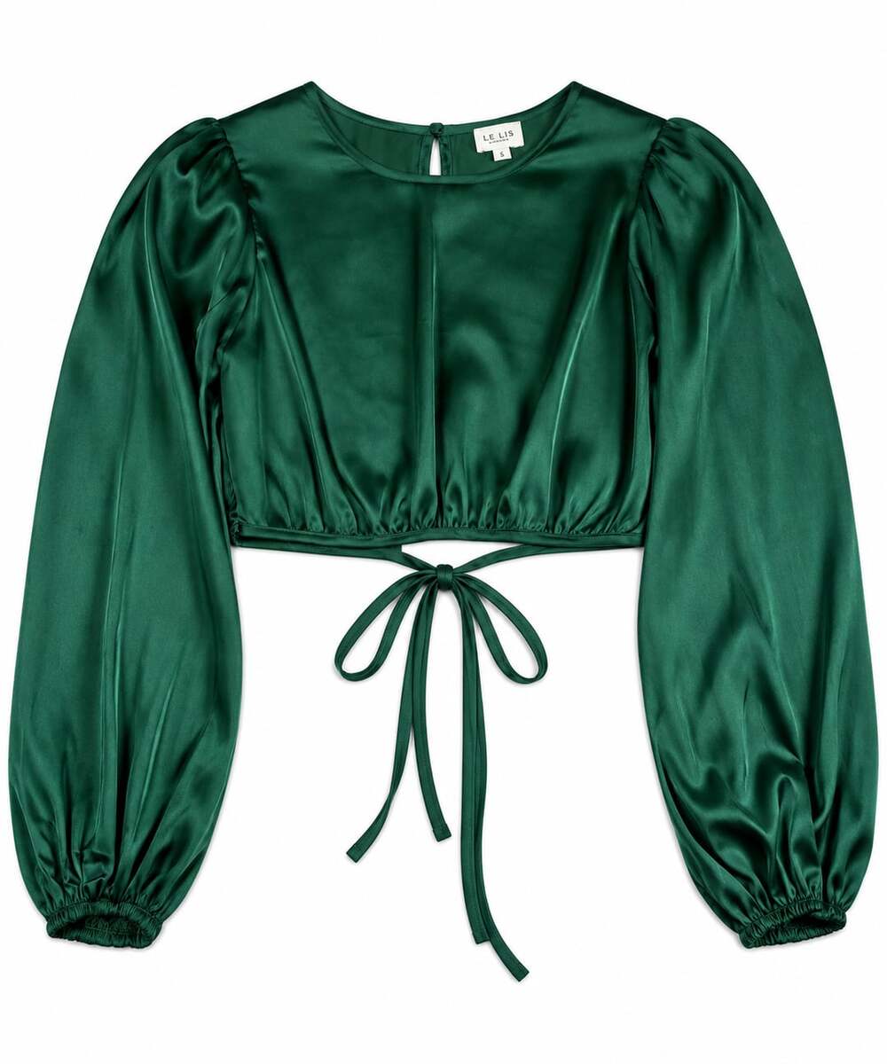 Le Lis Collection Green Satin Long Sleeve Crop Top with Tie Back Size S